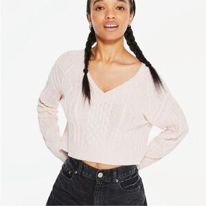 Aeropostale Pink Cropped V Neck Cable Knit Sweater Size XS Retro‎ Y2K